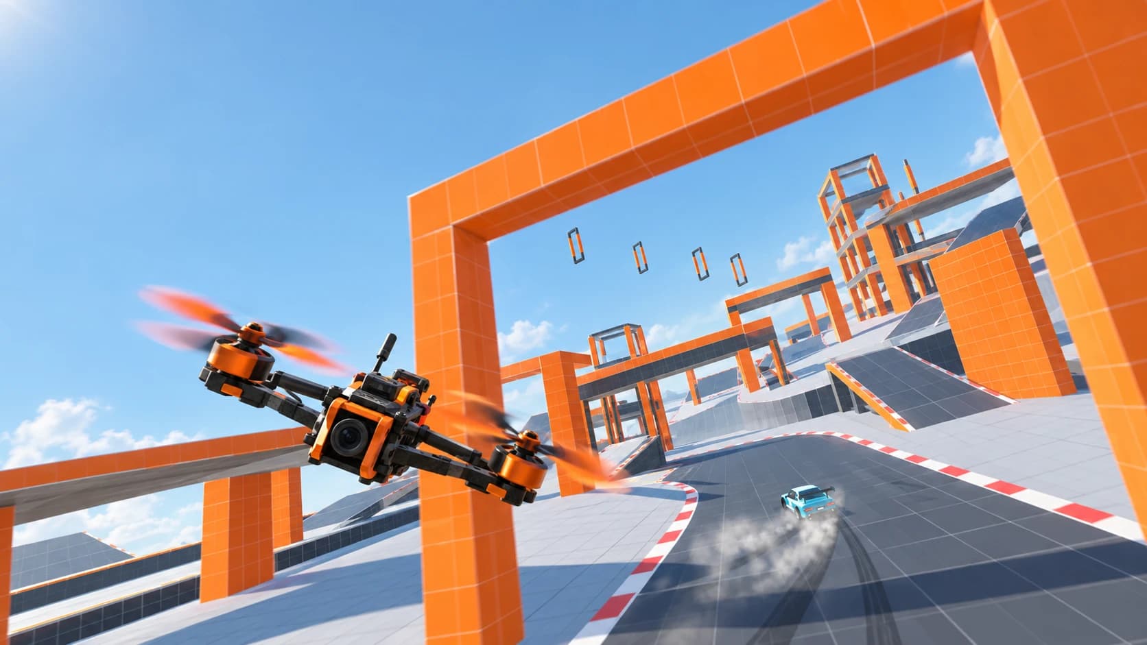 A racing quad banking through orange Gridworks gates under a blue sky.