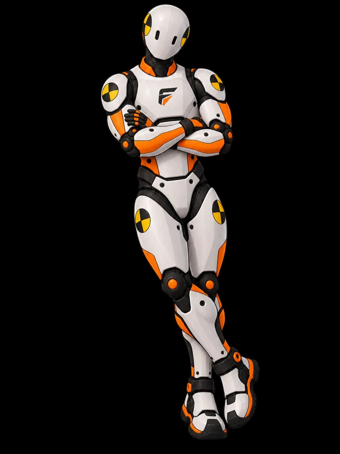Dummy, your crash-test companion, leaning in with arms crossed.